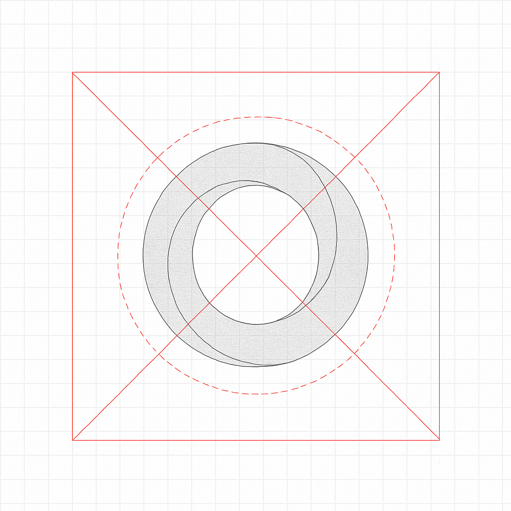 Geometric blueprint sketch of the Loading Happiness logo with grid lines, proportional guides and circular structure.